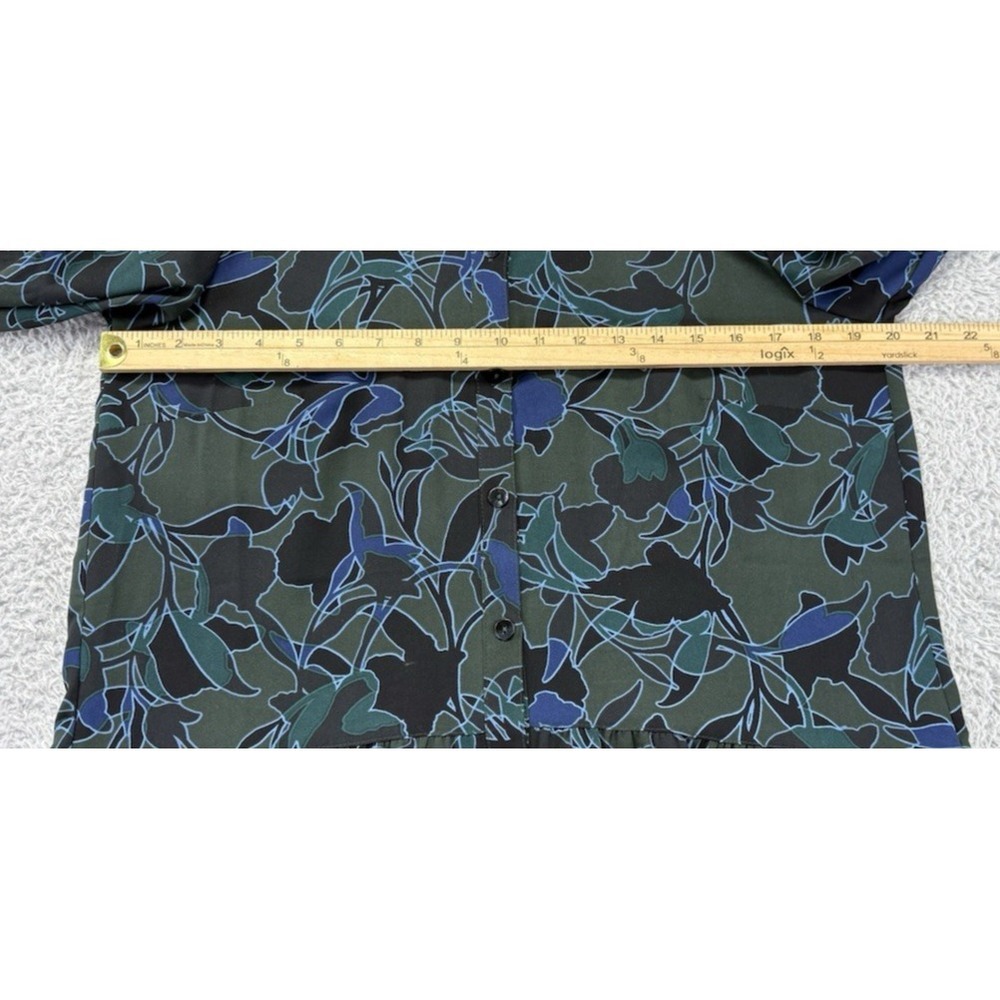 LOGO Lori Goldstein Womens XS Green Blue Print Blouse Button Front Peplum Top - Picture 7 of 10